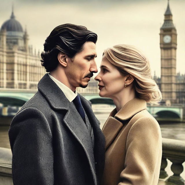 Create a romantic, creative book cover featuring Adam Driver and Jennifer Jason Leigh in London