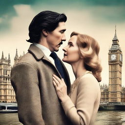 Create a romantic, creative book cover featuring Adam Driver and Jennifer Jason Leigh in London