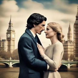 Create a romantic, creative book cover featuring Adam Driver and Jennifer Jason Leigh in London