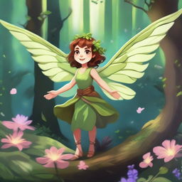 An enthusiastic little fey with plant-like wings in a lush forest setting