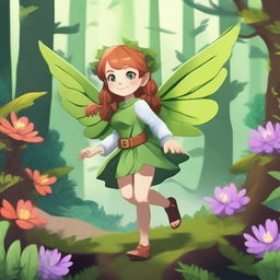 An enthusiastic little fey with plant-like wings in a lush forest setting