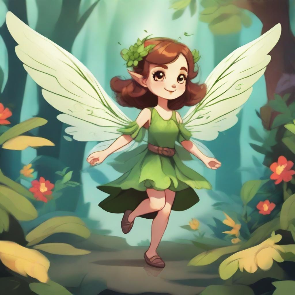 An enthusiastic little fey with plant-like wings in a lush forest setting