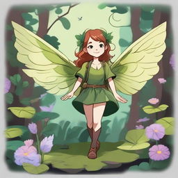 An enthusiastic little fey with plant-like wings in a lush forest setting