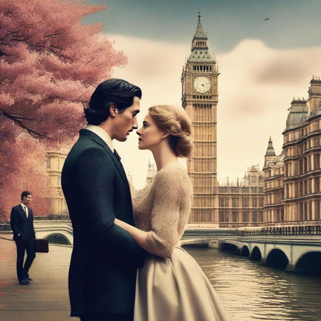 Create a romantic book cover featuring Adam Driver and Jennifer Jason Leigh in London