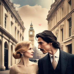 Create a romantic book cover featuring Adam Driver and Jennifer Jason Leigh in London