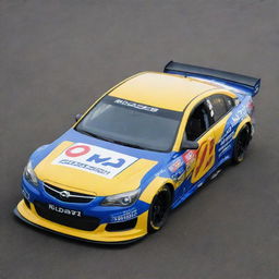 An Opel car reimagined in a NASCAR style, boasting bright colors, racing alterations, and adorned with a collection of sponsor logos.