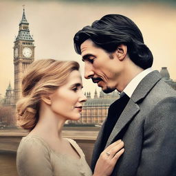 Create a romantic book cover featuring Adam Driver and Jennifer Jason Leigh in London