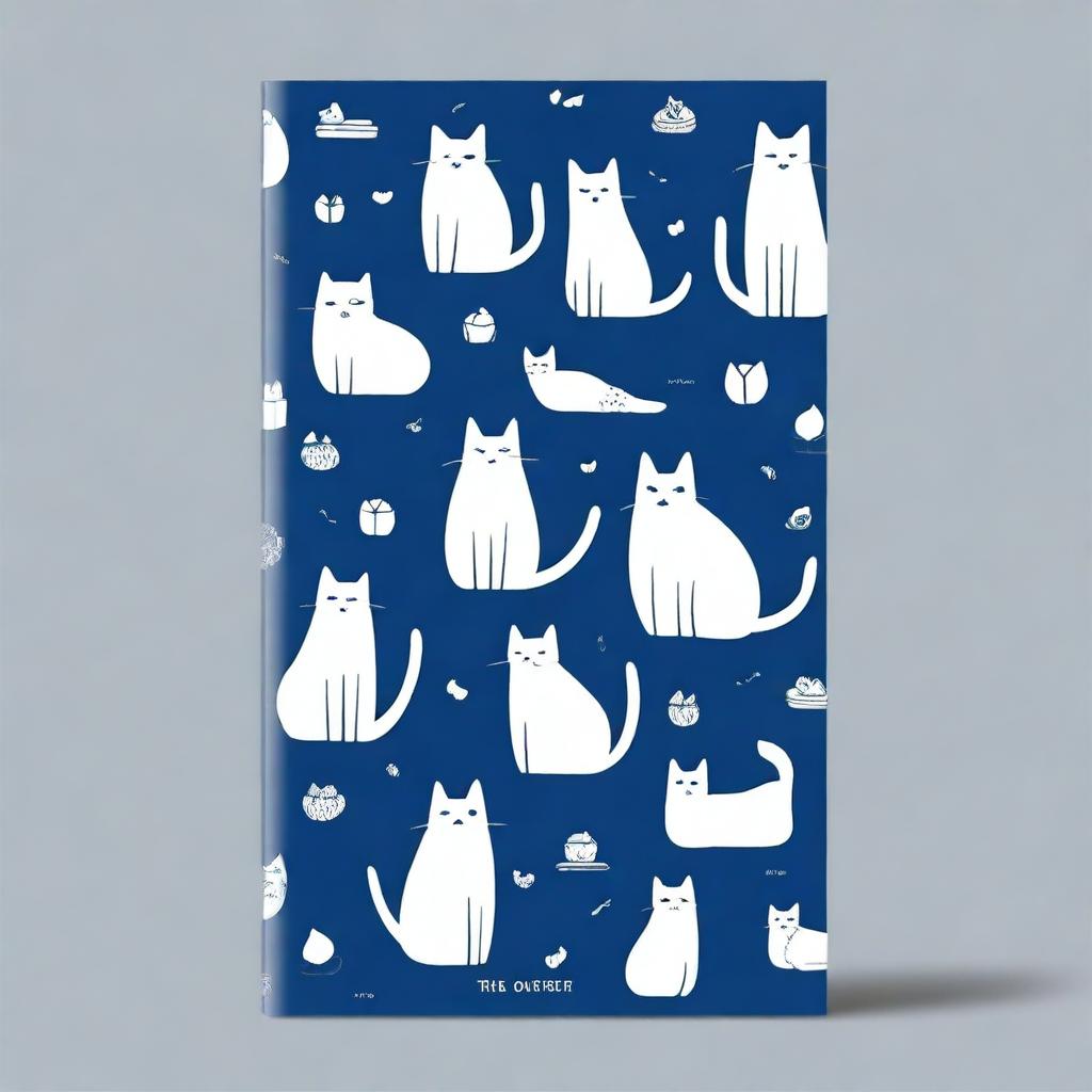 A dark blue book cover featuring cat shapes of various sizes and poses, with the cats in silver