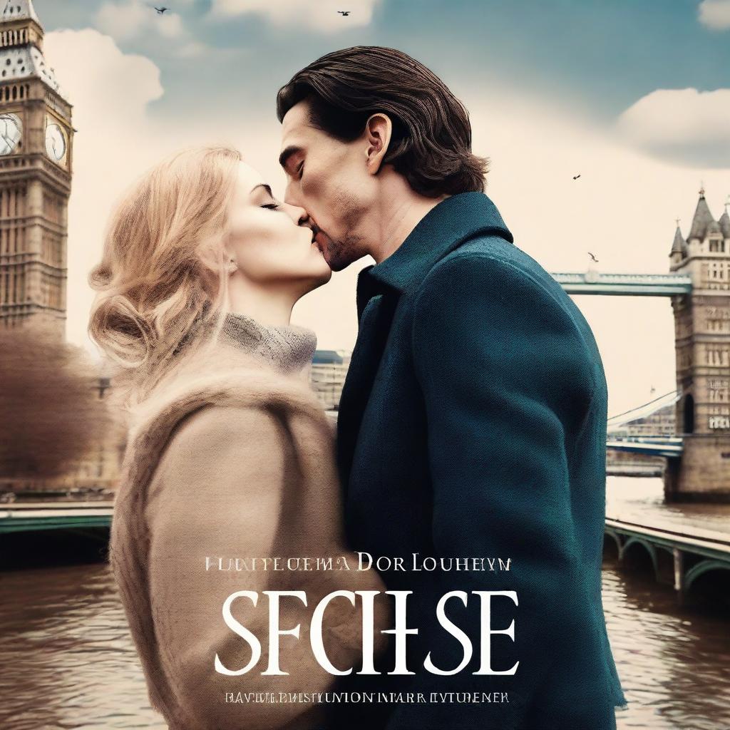 Create a romantic, modern book cover featuring Adam Driver and Jennifer Jason Leigh kissing in London