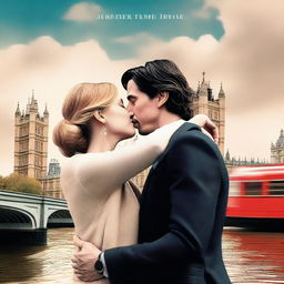 Create a romantic, modern book cover featuring Adam Driver and Jennifer Jason Leigh kissing in London