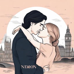 Create a romantic, modern book cover featuring Adam Driver and Jennifer Jason Leigh kissing in London