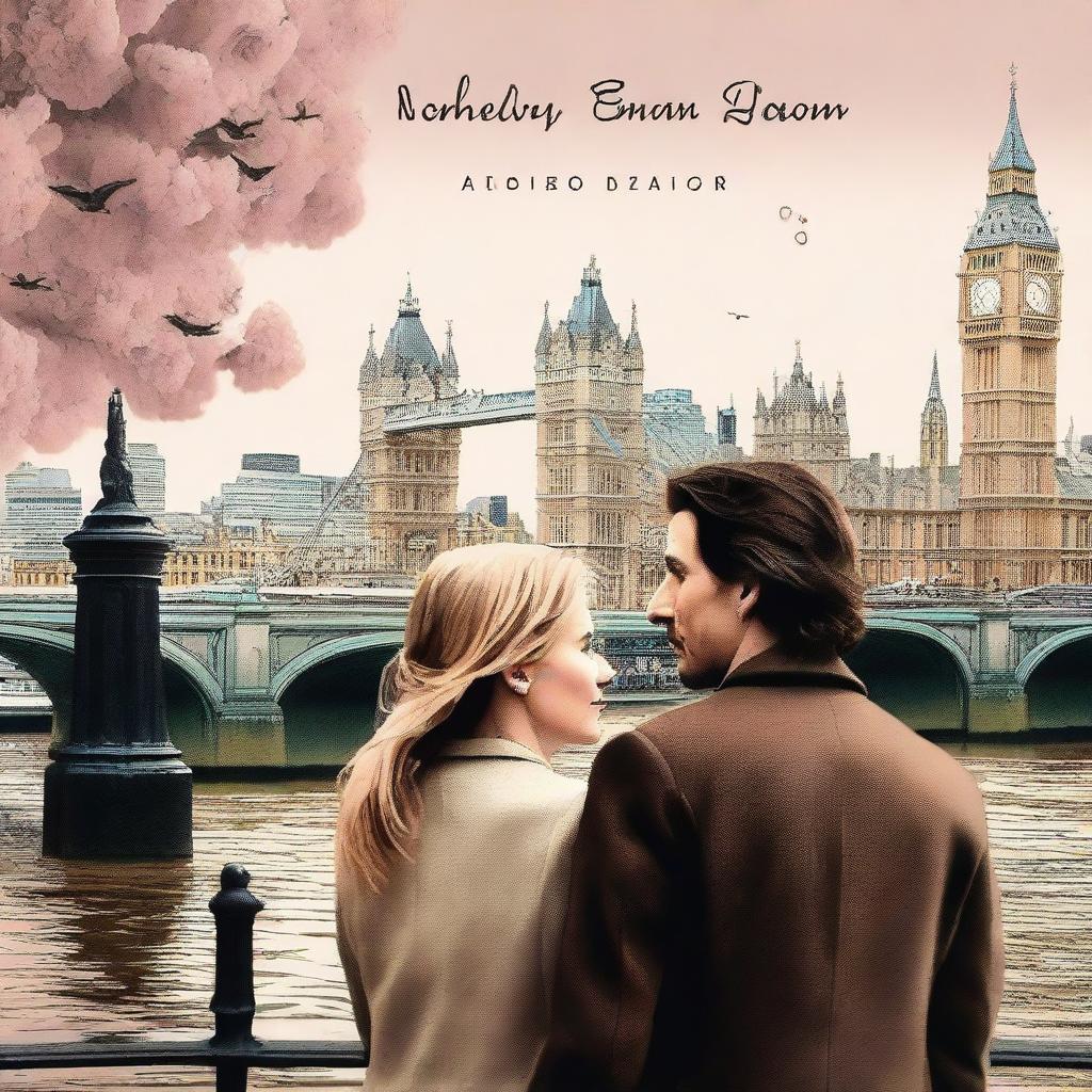 Create a romantic, modern book cover featuring Adam Driver and Jennifer Jason Leigh kissing in London