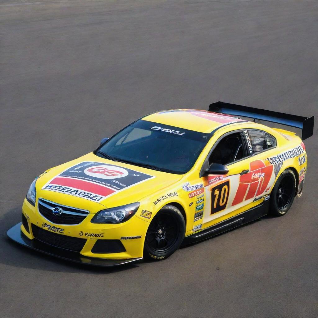 An Opel car reimagined in a NASCAR style, boasting bright colors, racing alterations, and adorned with a collection of sponsor logos.