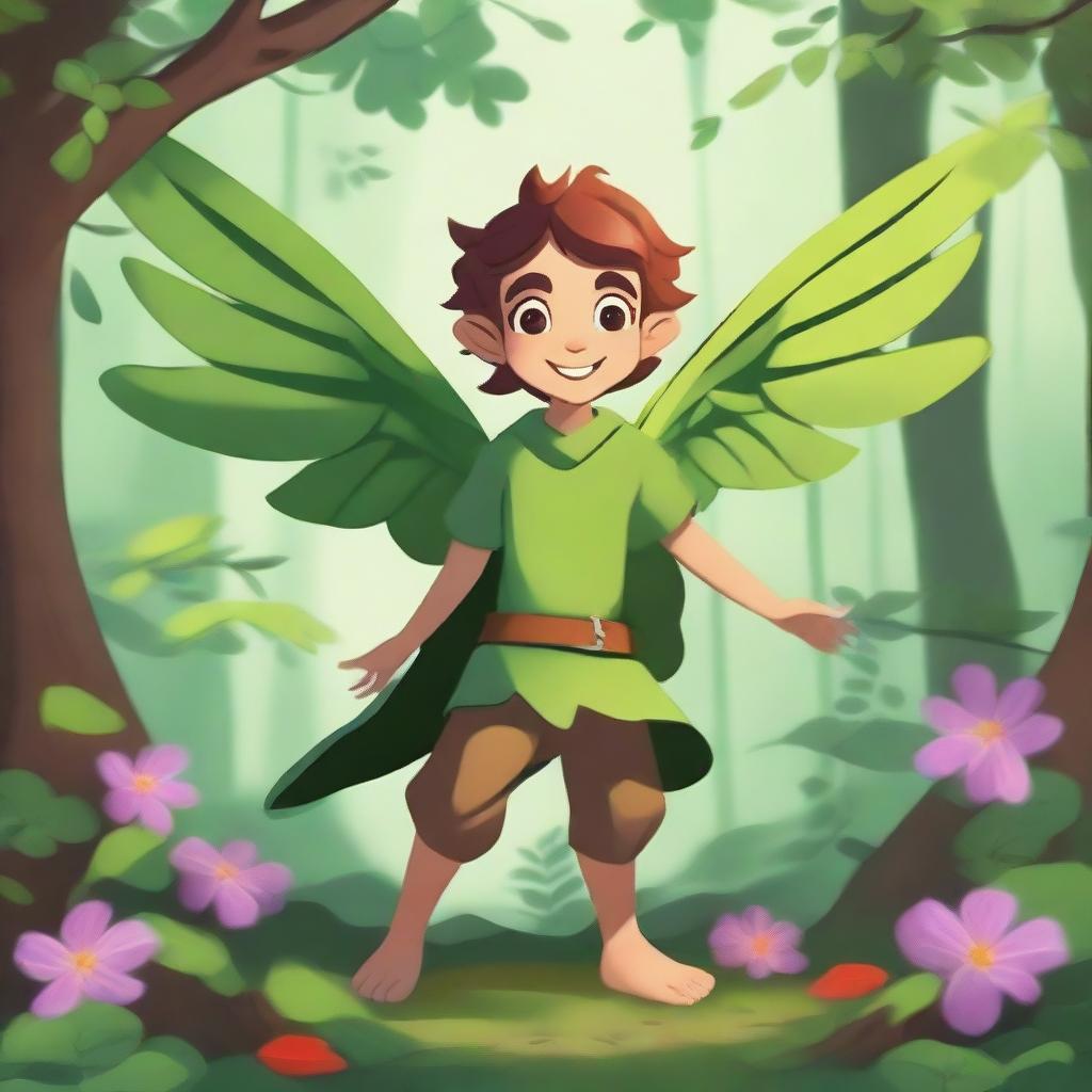 An enthusiastic little male fey with plant-like wings that have a lot of leaves, in a lush forest setting