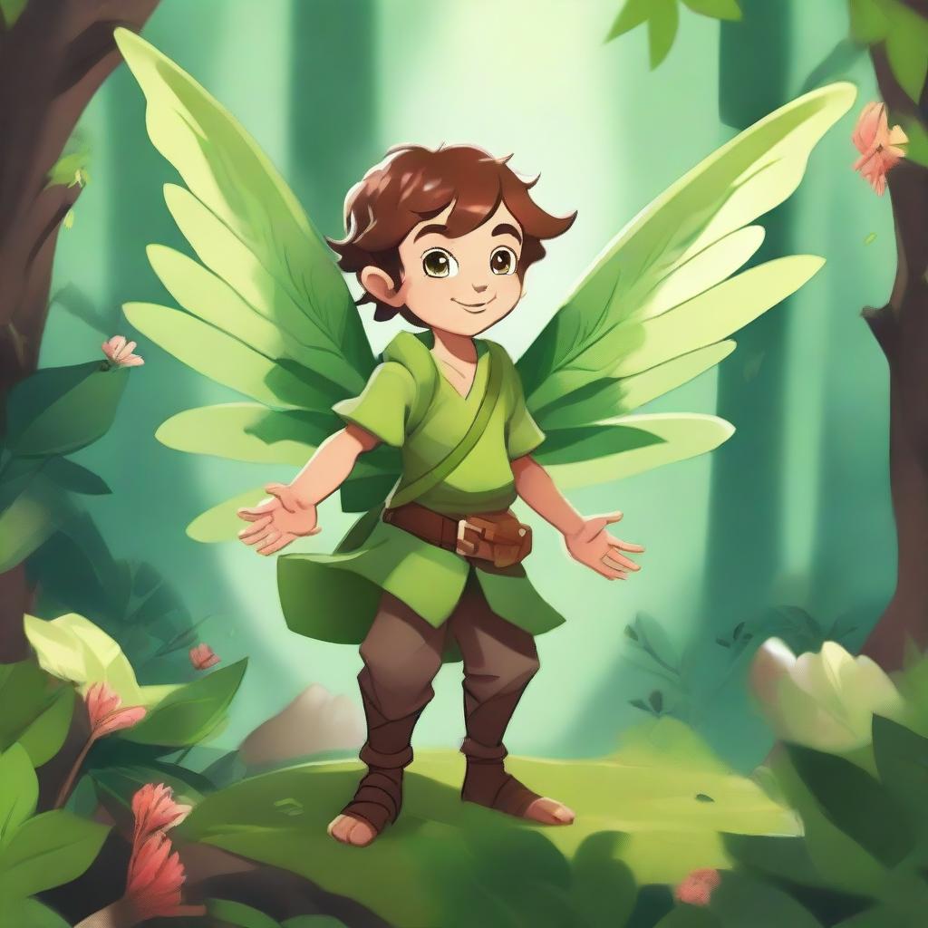 An enthusiastic little male fey with plant-like wings that have a lot of leaves, in a lush forest setting