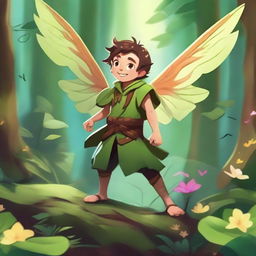 An enthusiastic little male fey with plant-like wings that have a lot of leaves, in a lush forest setting