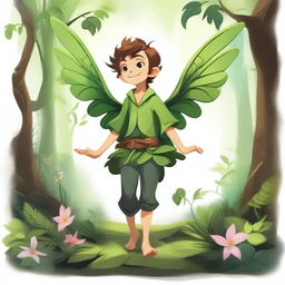 An enthusiastic little male fey with plant-like wings that have a lot of leaves, in a lush forest setting