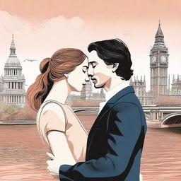 Create a romantic, modern book cover featuring Adam Driver and Jennifer Jason Leigh kissing in London