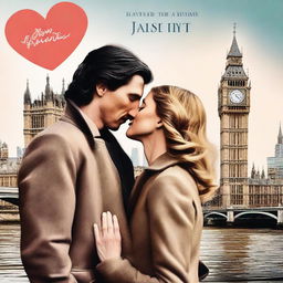 Create a romantic, modern book cover featuring Adam Driver and Jennifer Jason Leigh kissing in London