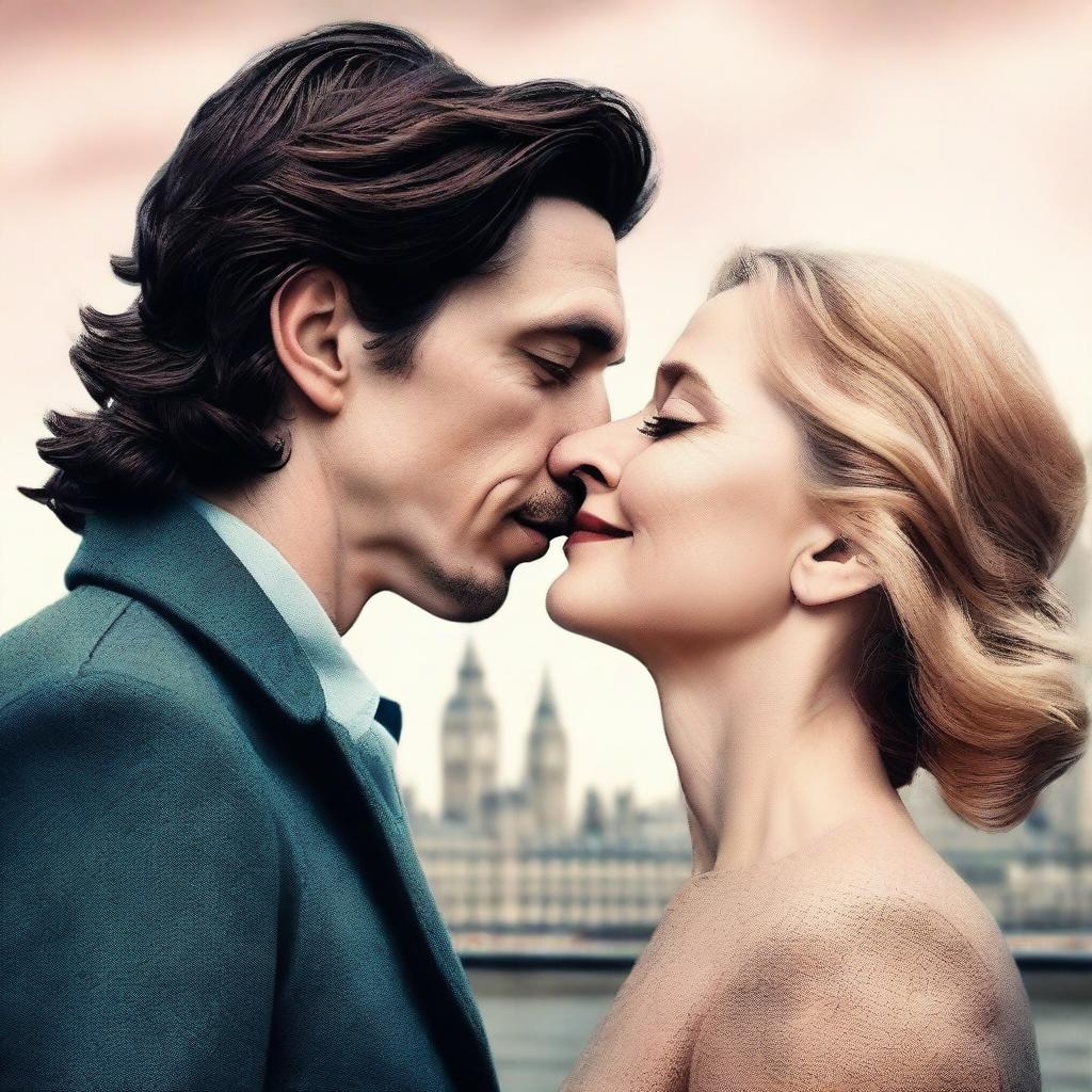 Create a romantic, modern book cover featuring Adam Driver and Jennifer Jason Leigh kissing in London