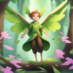 An energetic little male fey with plant-like wings that have a lot of leaves, in a lush forest setting