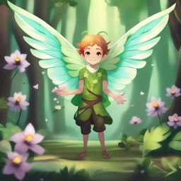 An energetic little male fey with plant-like wings that have a lot of leaves, in a lush forest setting