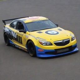 An Opel car reimagined in a NASCAR style, boasting bright colors, racing alterations, and adorned with a collection of sponsor logos.