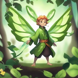 An energetic little male fey with plant-like wings that have a lot of leaves, in a lush forest setting