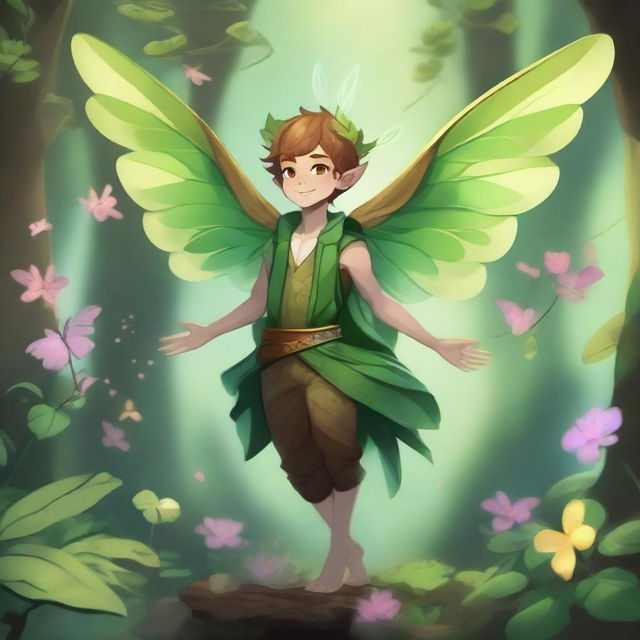 An energetic little male fey with plant-like wings that have a lot of leaves, in a lush forest setting