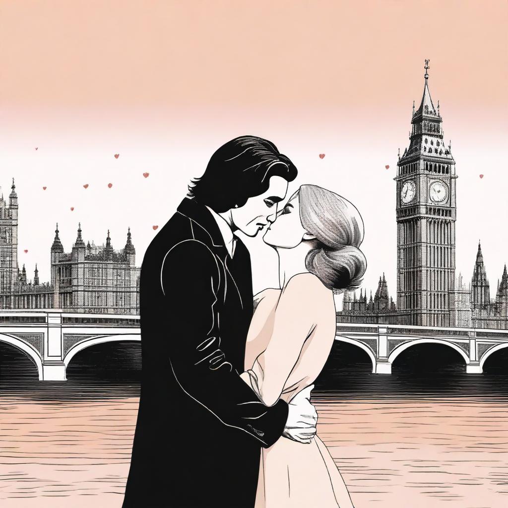 Create a romantic, modern book cover featuring Adam Driver and Jennifer Jason Leigh kissing in London