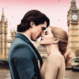 Create a romantic, modern book cover featuring Adam Driver and Jennifer Jason Leigh kissing in London