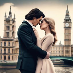 Create a romantic, modern book cover featuring Adam Driver and Jennifer Jason Leigh kissing in London