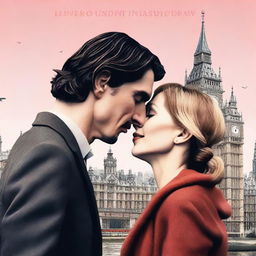 Create a romantic, modern book cover featuring Adam Driver and Jennifer Jason Leigh kissing in London