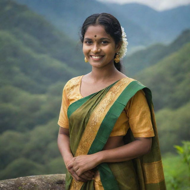 A portrait of a Sri Lankan lady in traditional attire with a beautiful smile, standing amidst the picturesque nature of Sri Lanka.