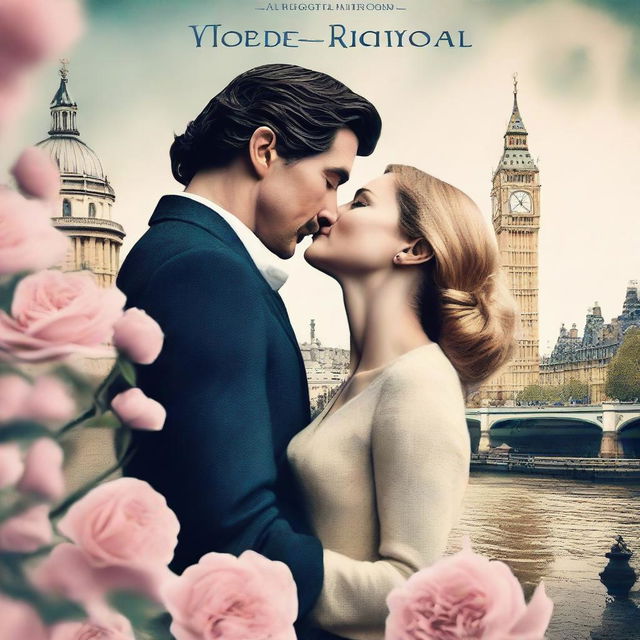 Create a romantic, modern book cover featuring Adam Driver and Jennifer Jason Leigh kissing in London