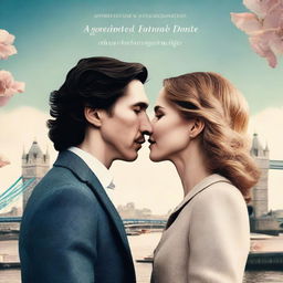 Create a romantic, modern book cover featuring Adam Driver and Jennifer Jason Leigh kissing in London