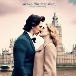 Create a romantic, modern book cover featuring Adam Driver and Jennifer Jason Leigh kissing in London