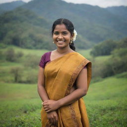 A portrait of a Sri Lankan lady in traditional attire with a beautiful smile, standing amidst the picturesque nature of Sri Lanka.