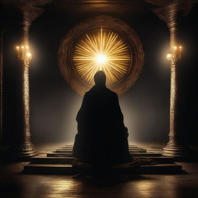 A mystical scene featuring black and gold light illuminating the darkness