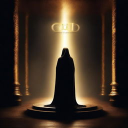 A mystical scene featuring black and gold light illuminating the darkness