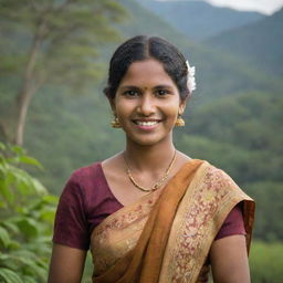 A portrait of a Sri Lankan lady in traditional attire with a beautiful smile, standing amidst the picturesque nature of Sri Lanka.