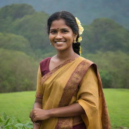 A portrait of a Sri Lankan lady in traditional attire with a beautiful smile, standing amidst the picturesque nature of Sri Lanka.