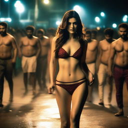 Kriti Sanon in a bikini, surrounded by a dense crowd of males on an empty road at night