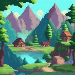 Create a vibrant and detailed pixel art scene featuring a fantasy landscape with mountains, forests, and a small village