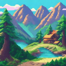 Create a vibrant and detailed pixel art scene featuring a fantasy landscape with mountains, forests, and a small village