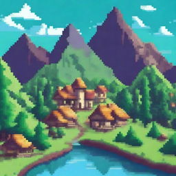 Create a vibrant and detailed pixel art scene featuring a fantasy landscape with mountains, forests, and a small village