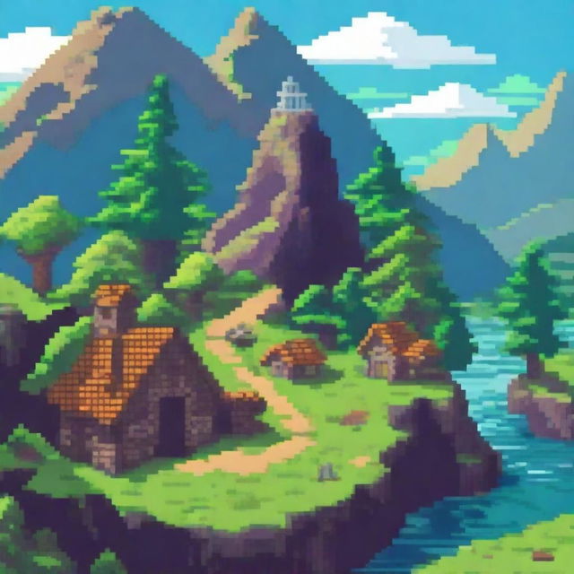 Create a vibrant and detailed pixel art scene featuring a fantasy landscape with mountains, forests, and a small village