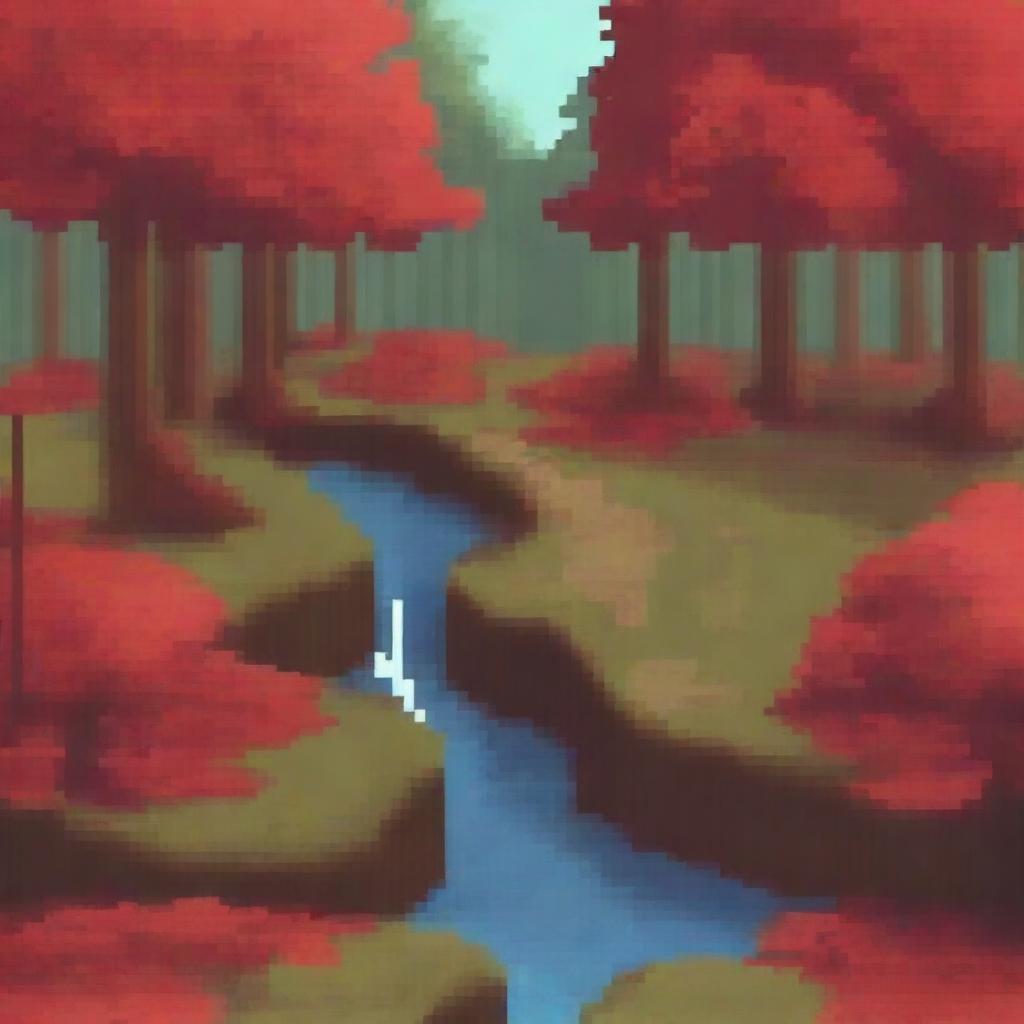 Create a pixel art scene of a red forest