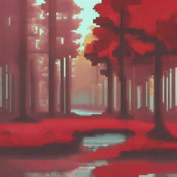 Create a pixel art scene of a red forest