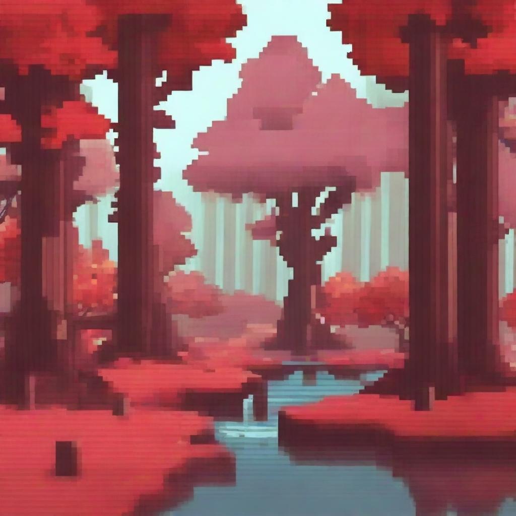 Create a pixel art scene of a red forest